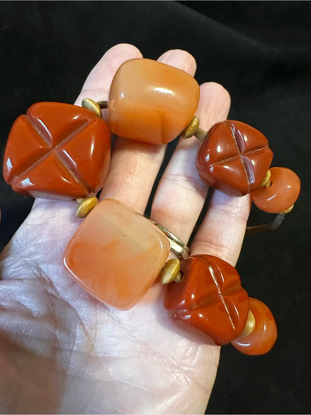 Vintage 1946 Artisan Orange & Peach Geometric Beaded Necklace on leather strand